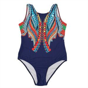 Multicolor Mosaic Print One Piece Swimsuit Navy Blue Small